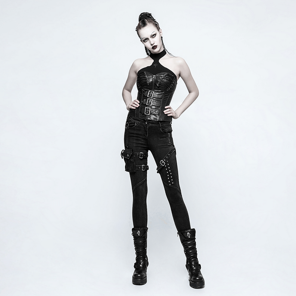 Model showcasing Punk Rave Black Grunge Pocket Eyelets Skinny Jeans with edgy design and stylish accessories.
