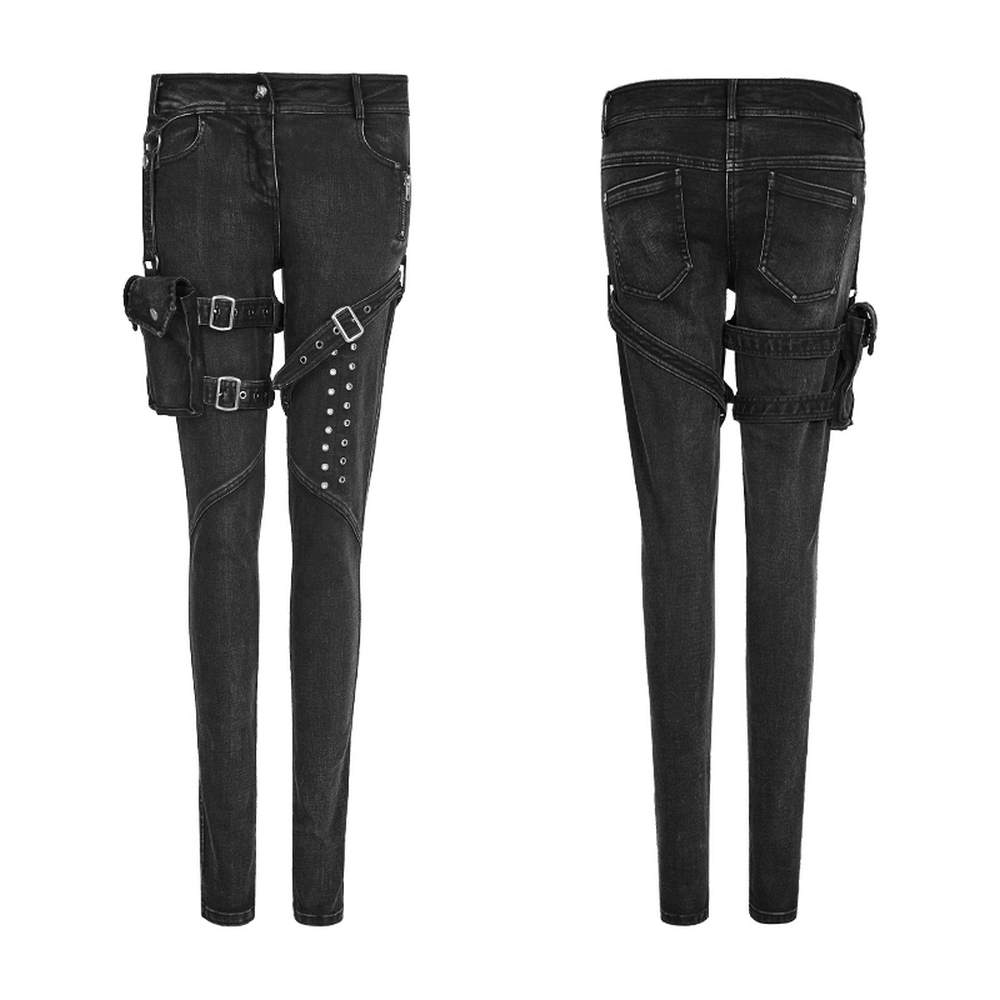 Punk Rave Black Grunge Pocket Eyelets Skinny Jeans showcasing edgy design and removable 3D pockets for a rebellious look.
