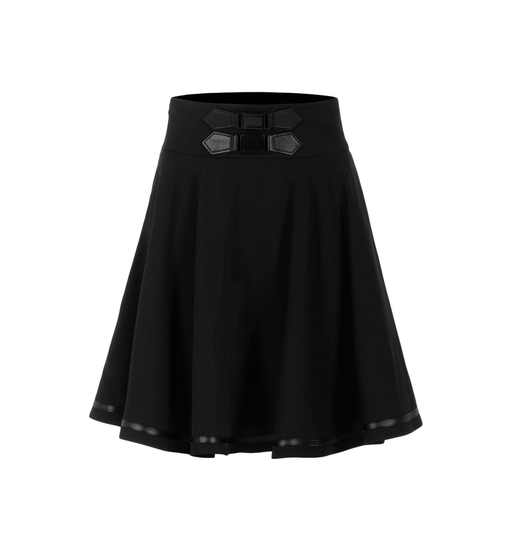 Punk Rave black high-waisted mini skirt with buckle, perfect for an edgy rockstar look.