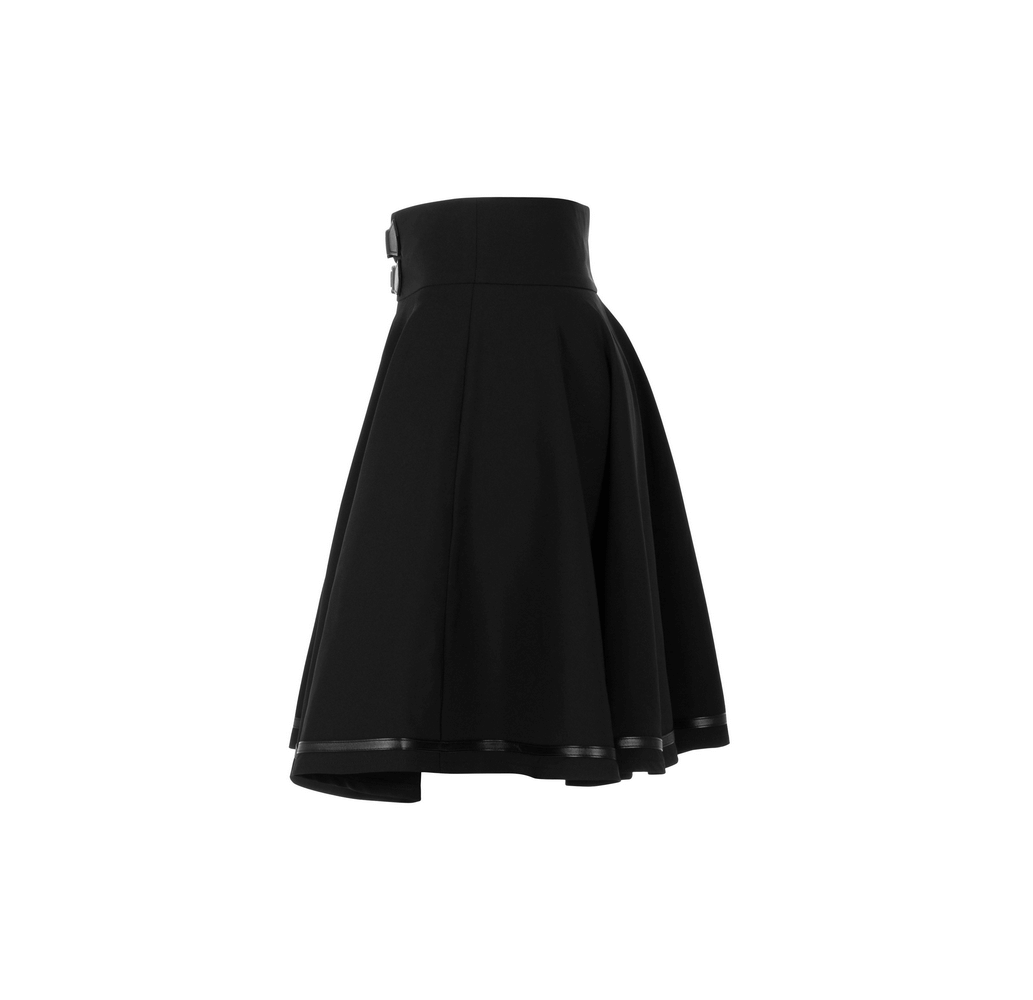 Punk Rave black high-waisted mini skirt with buckle and pleated design, perfect for an edgy rockstar look.