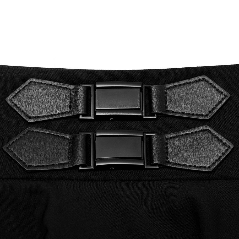 Close-up of decorative black buckles on Punk Rave high-waisted mini skirt for a bold, edgy look.