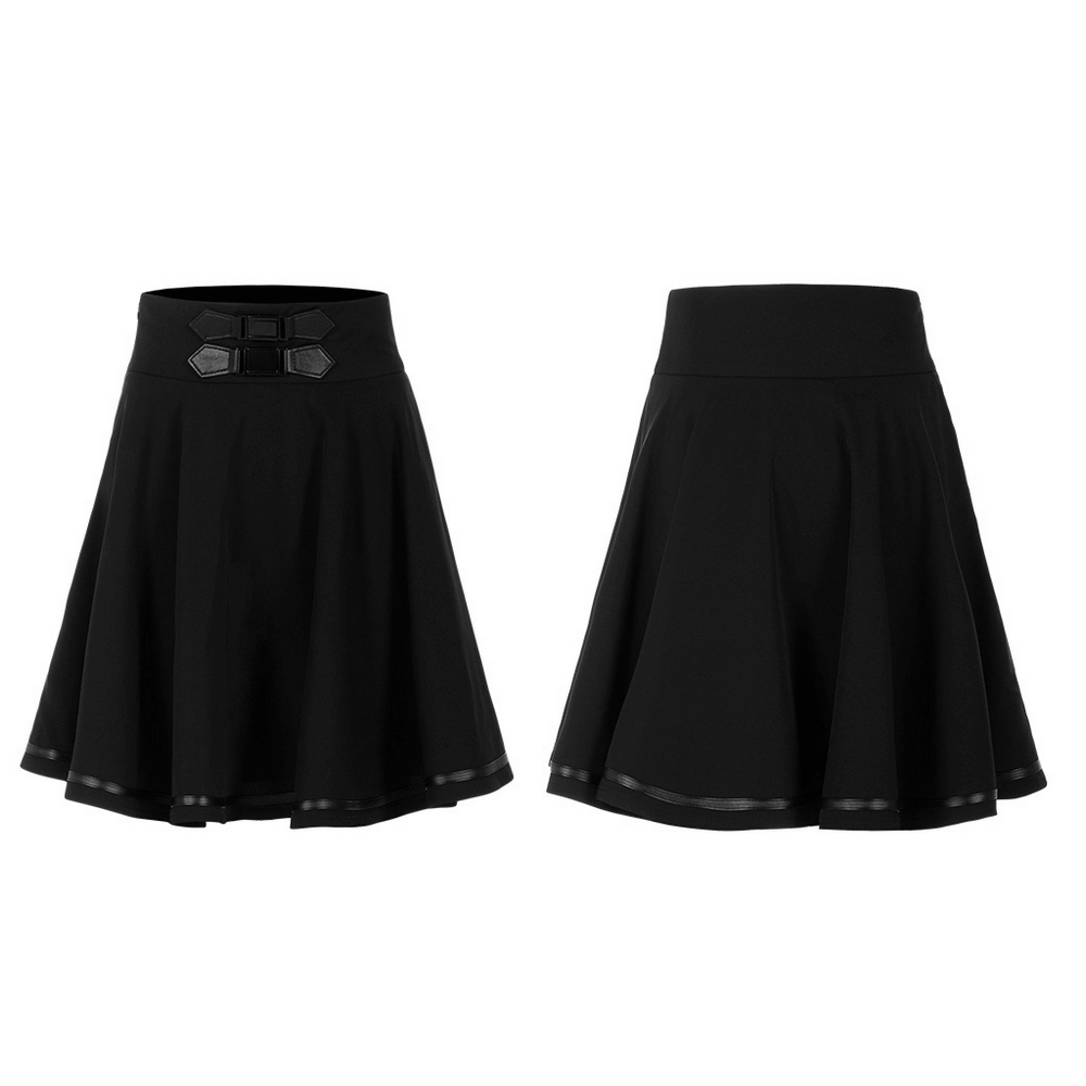 Punk Rave black high-waisted mini skirt featuring a buckle and ribbon closure, stylish and edgy for rockstar fashion.