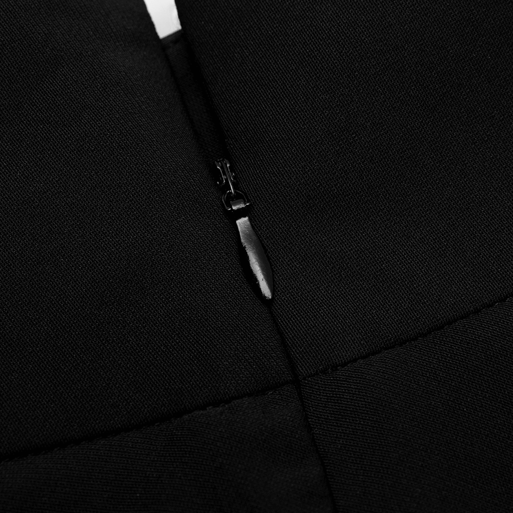 Close-up of black fabric with zipper detail showcasing stylish design of punk high-waisted skirt.
