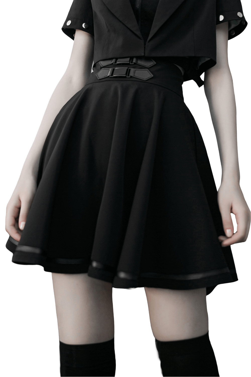 Punk Rave black high-waisted mini skirt with buckle, featuring a flowing pleated design for an edgy look.