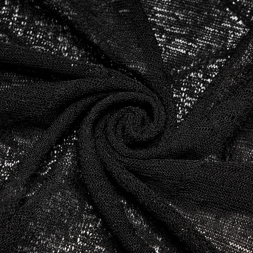 Black lace knit fabric swirl, featuring a soft and textured look for edgy gothic fashion.