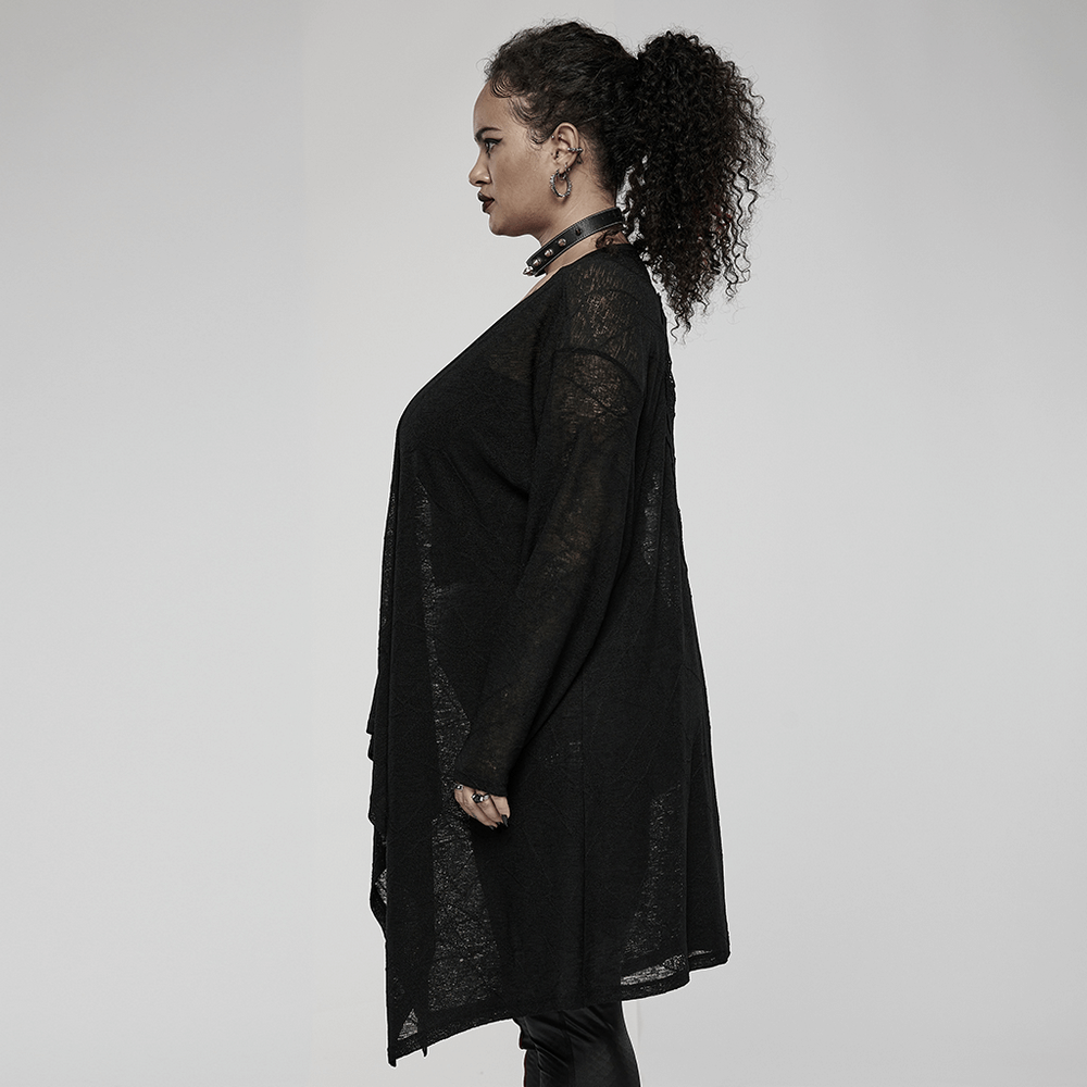 Model showcasing the Punk Rave Black Skull Lace Knit Cardigan in a stylish side profile, perfect for goth fashion lovers.