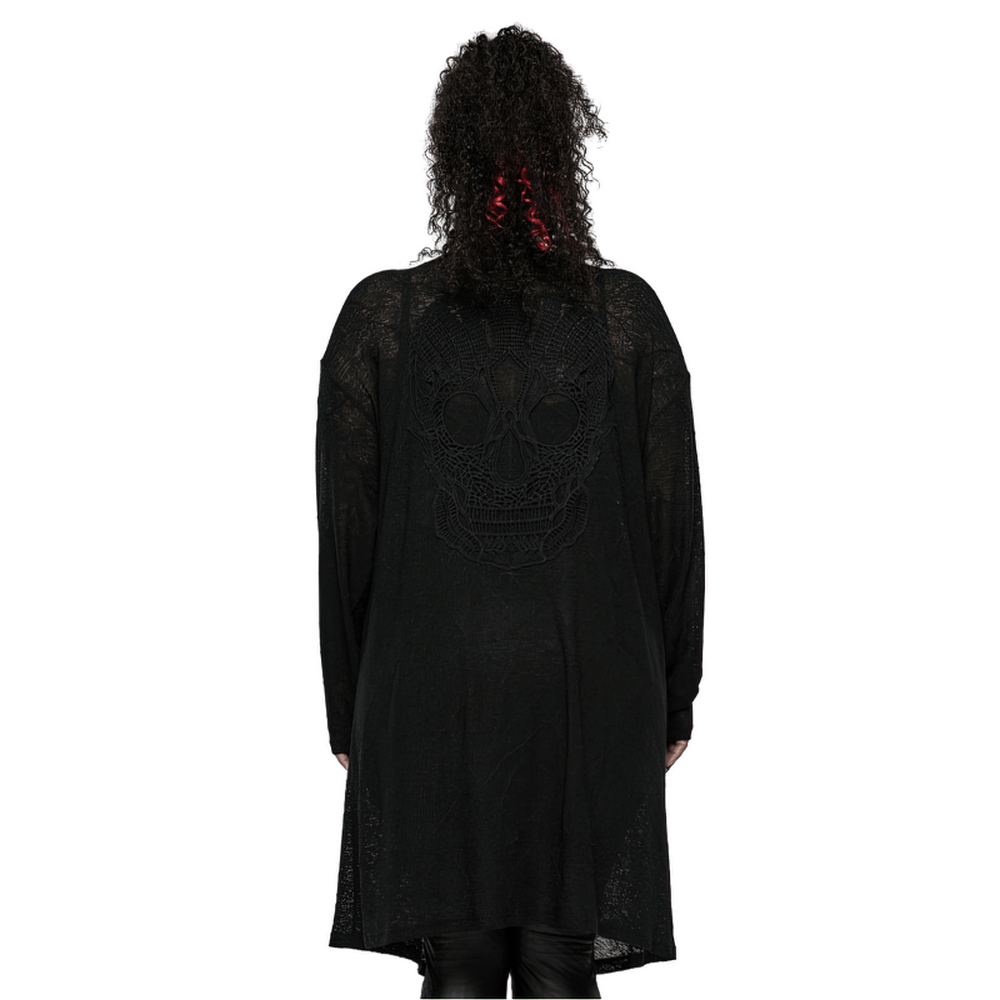 Punk Rave black skull lace knit cardigan with asymmetrical hem, showcasing back design and relaxed fit, perfect for goth style.