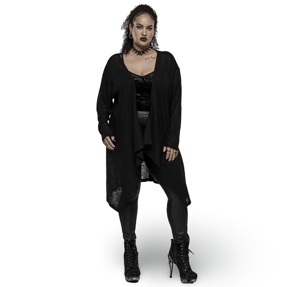 Punk Rave Black Skull Lace Knit Cardigan with asymmetrical hem, styled with boots for a goth look.