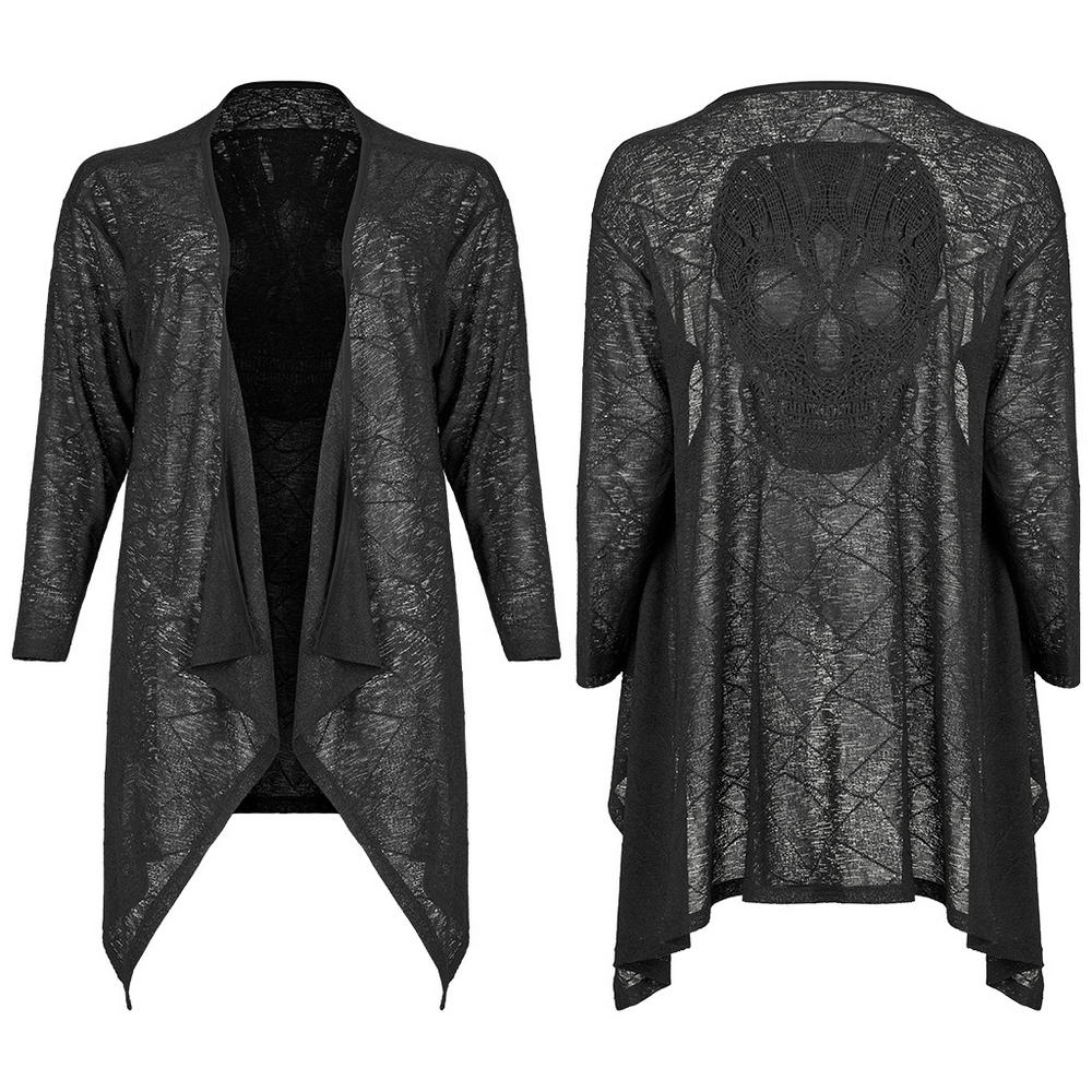 Punk Rave black skull lace knit cardigan with asymmetrical hem, showcasing edgy goth style and textured knit fabric.