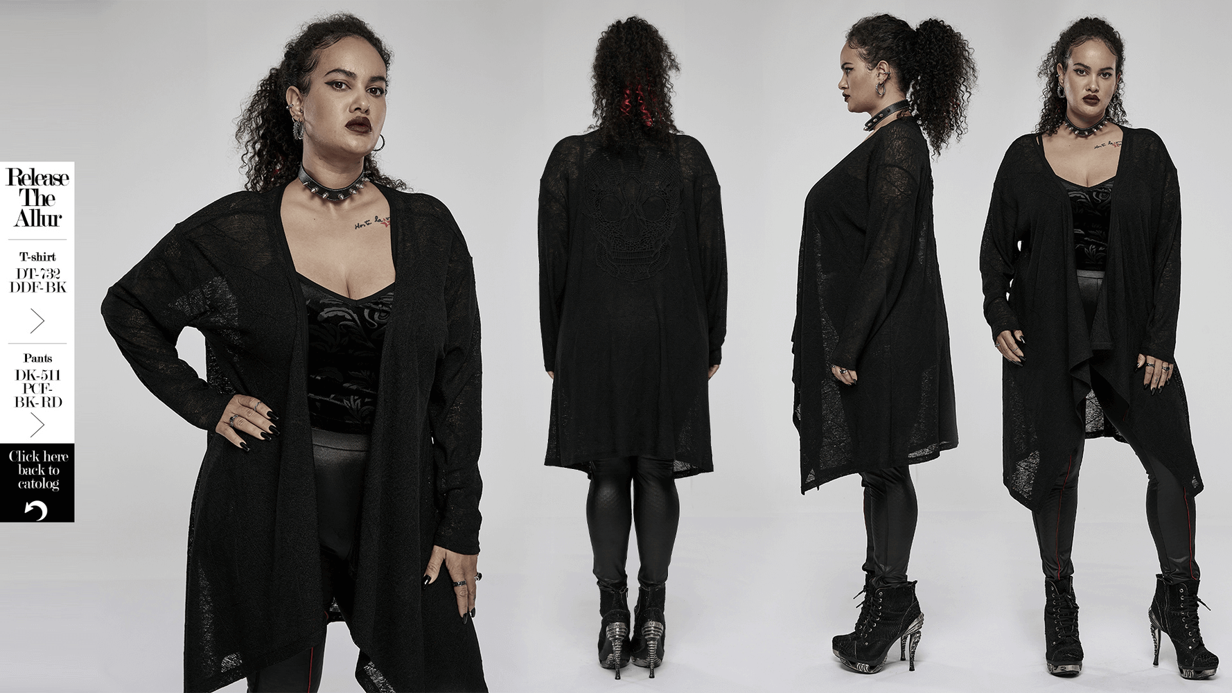 Punk Rave black skull lace knit cardigan with asymmetrical hem, worn stylishly, perfect for goth fashion lovers.