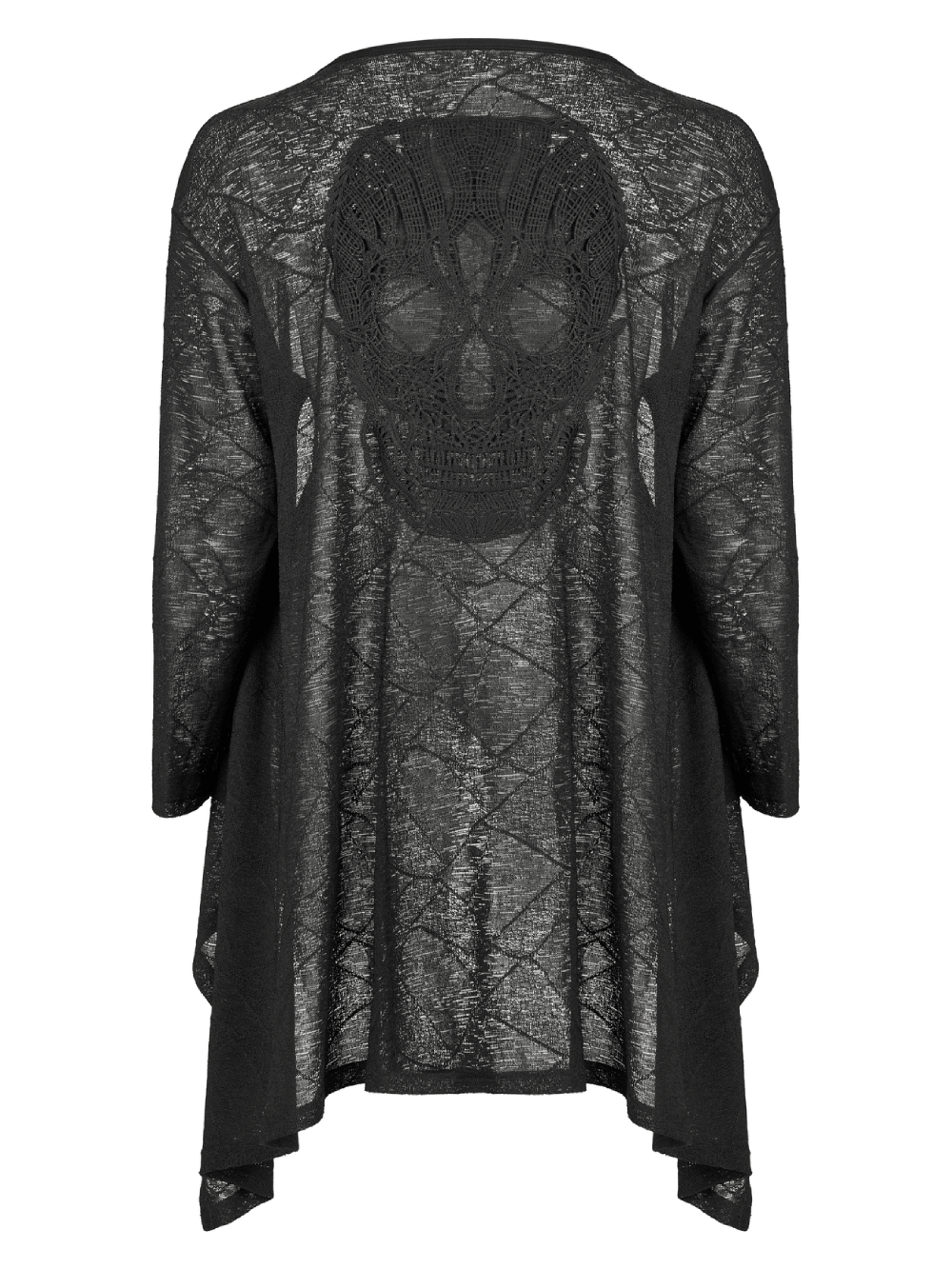 Punk Rave black skull lace knit cardigan with asymmetrical hem, perfect for goth styling and layering.