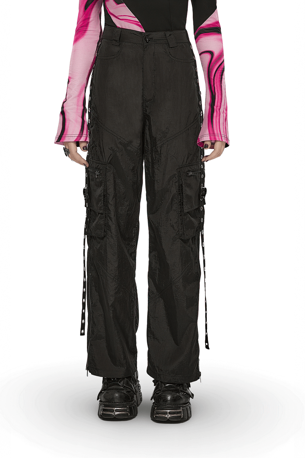 Black straight leg cargo pants with side chains and pockets, showcasing an edgy urban style.