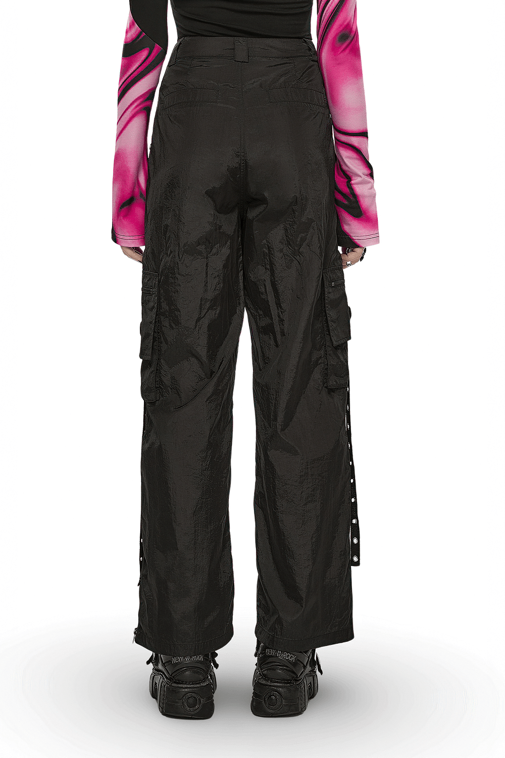 Back view of black straight leg cargo pants featuring side chains and pockets, perfect for urban streetwear style.
