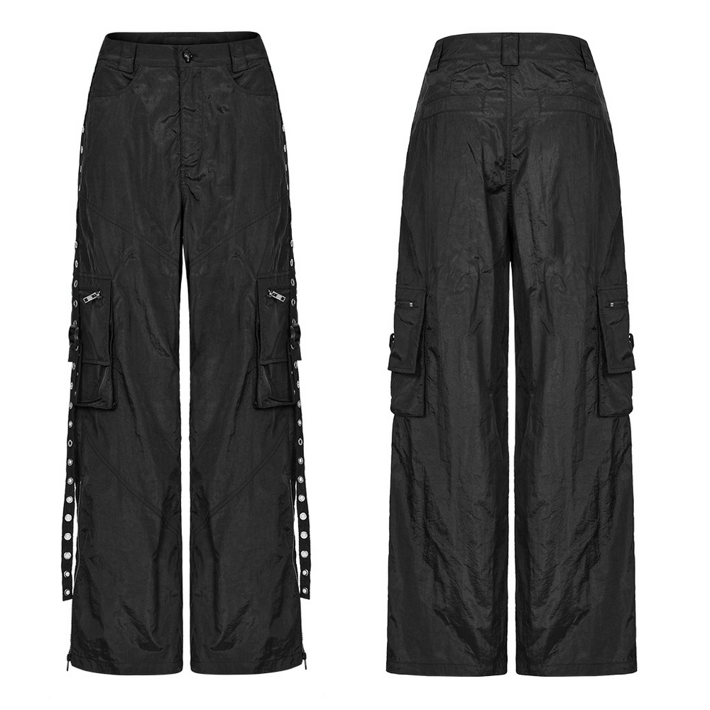 Punk Rave black straight leg cargo pants with side chains, featuring wide-leg design and functional pockets.
