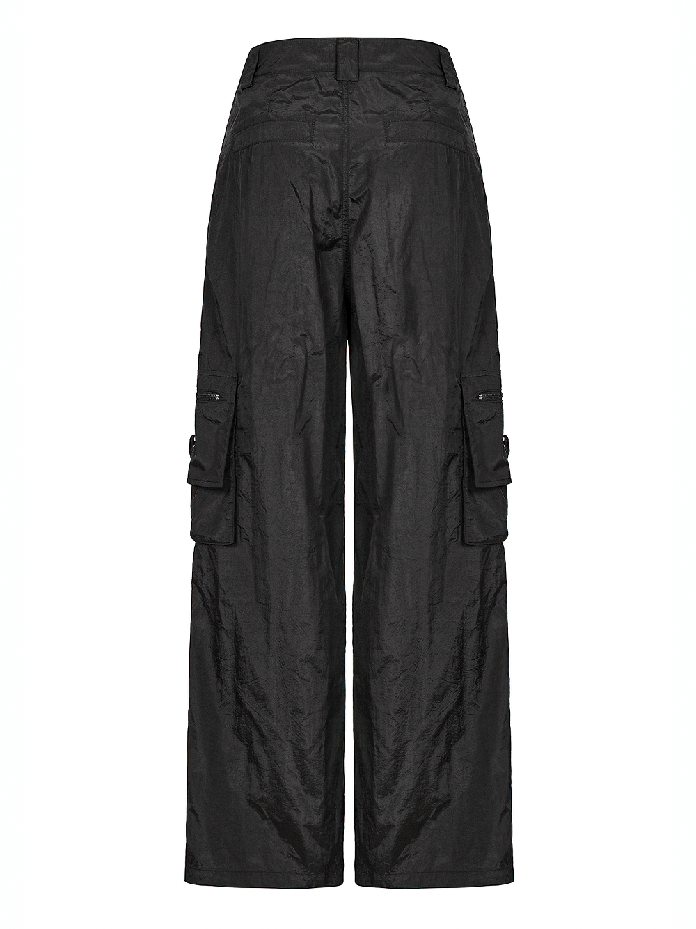 Back view of black straight leg cargo pants with side pockets and tactical design, perfect for urban streetwear.