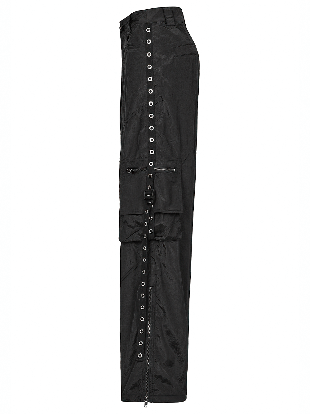 Black straight leg cargo pants with side chains, functional pockets, and decorative zippers for an edgy urban style.