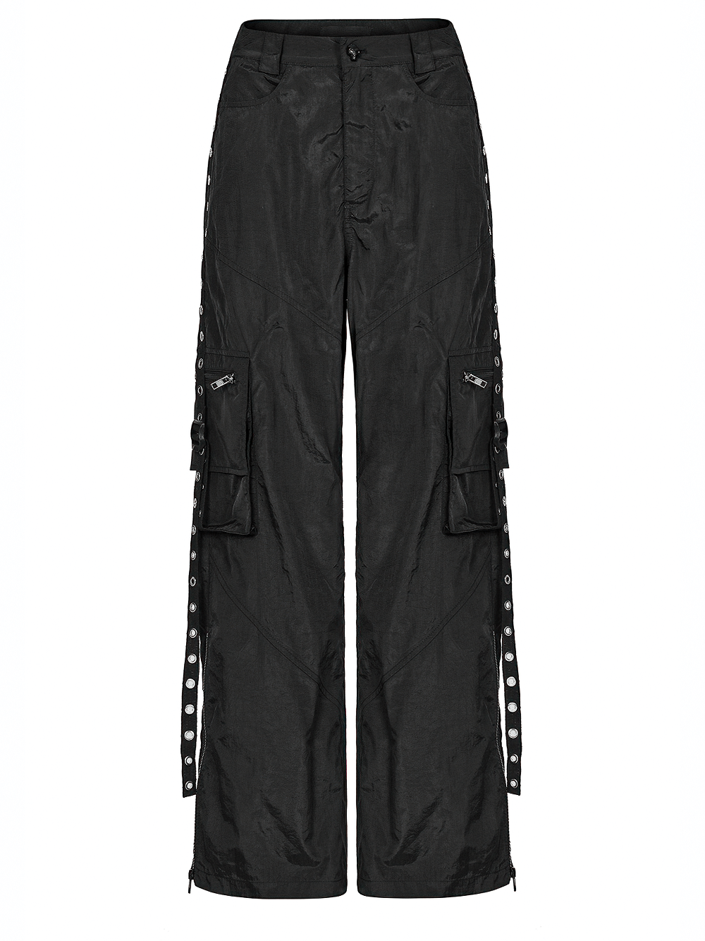 Punk Rave black straight leg cargo pants with side chains and 3D pockets, urban streetwear fashion.