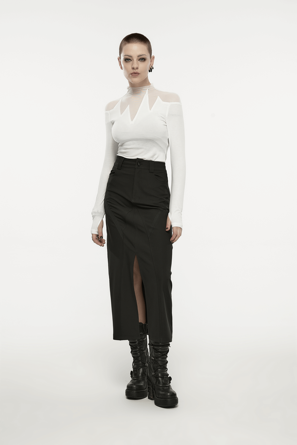 Model showcasing Punk Rave Black V-Cut Front Slit A-Line Midi Skirt with edgy styling.