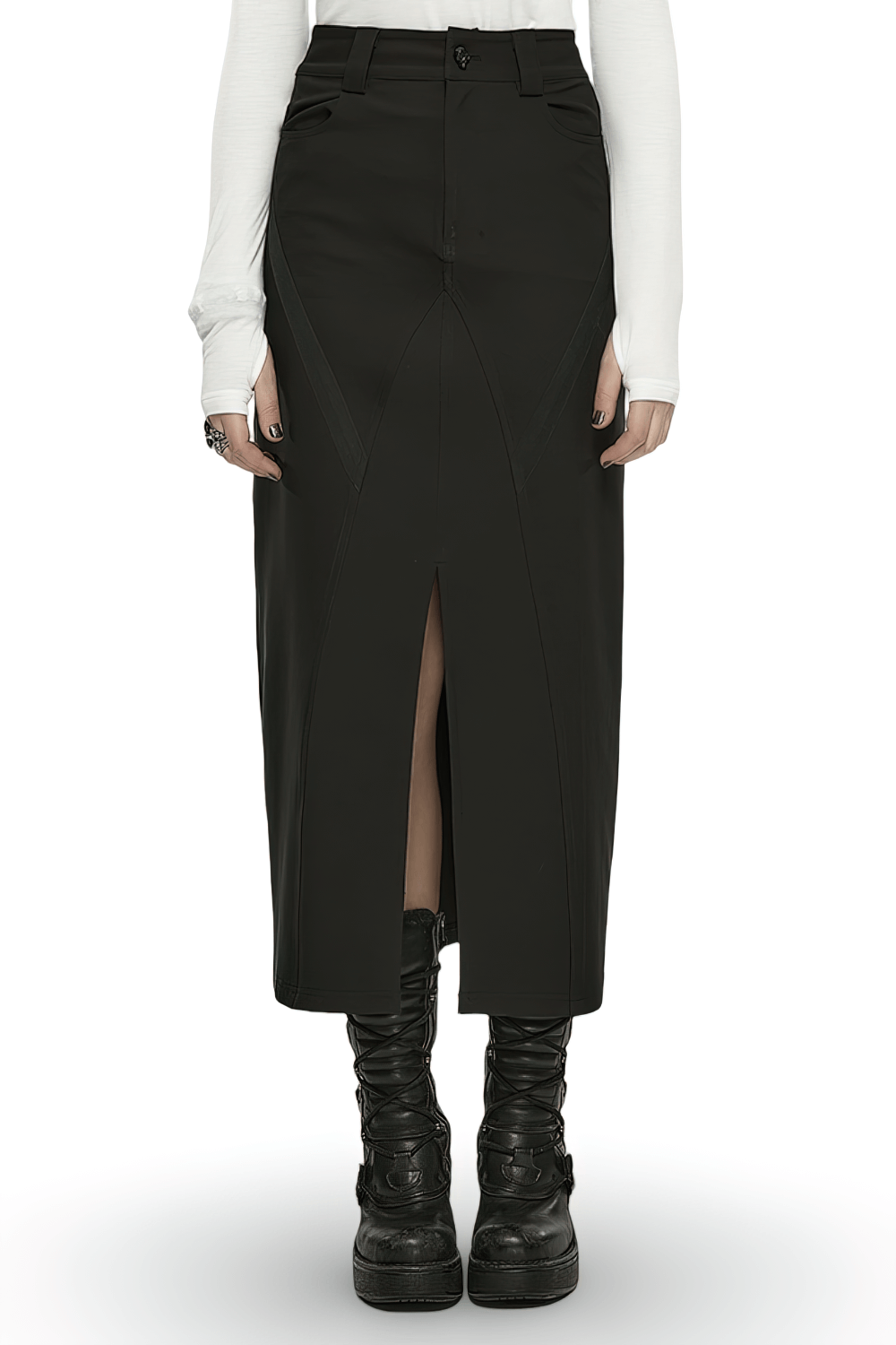 Punk Rave black A-line midi skirt with V-cut front slit, worn with knee-high boots for a bold, edgy look.