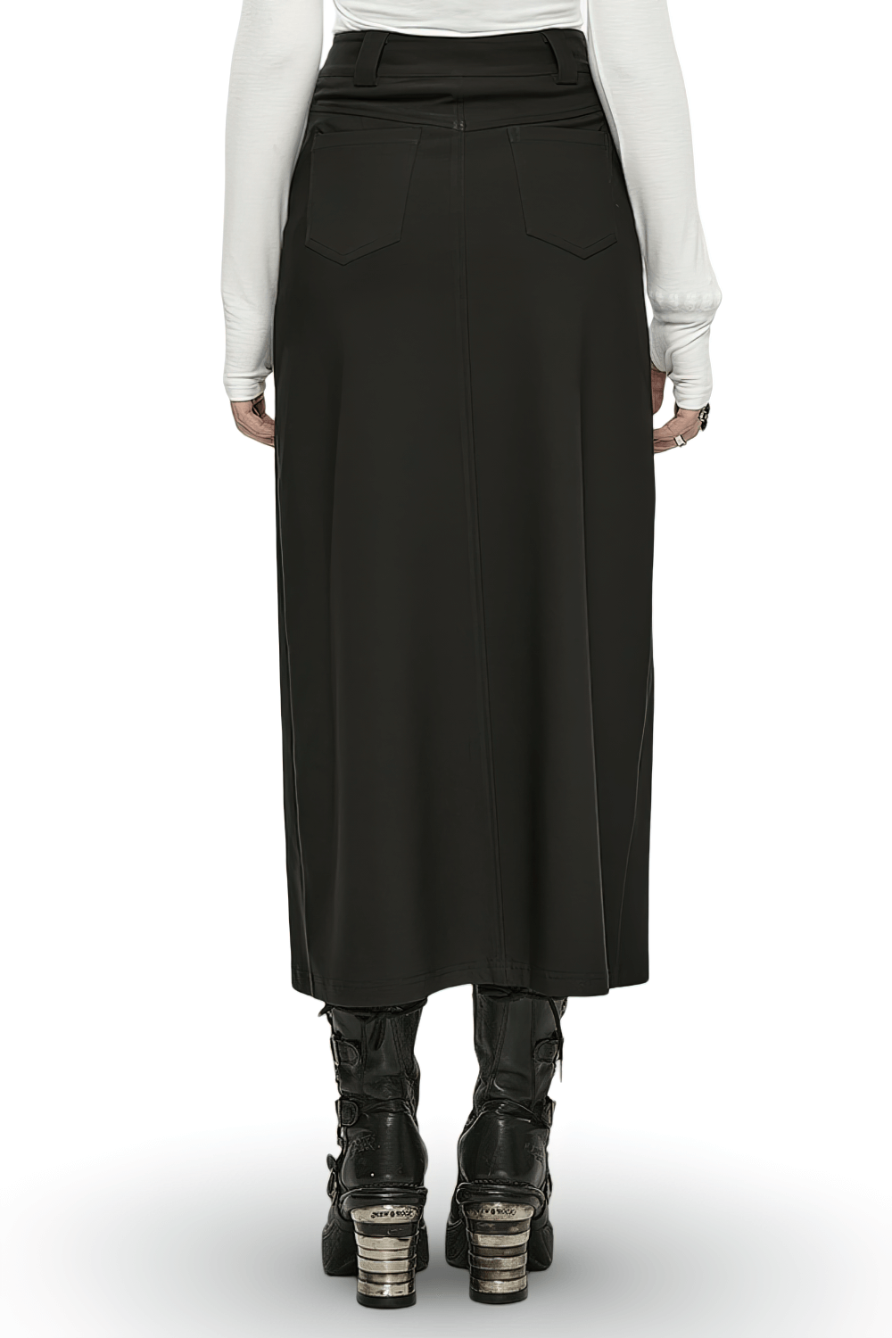 Back view of Punk Rave black A-line midi skirt with pockets, perfect for edgy outfits and rockstar vibes.