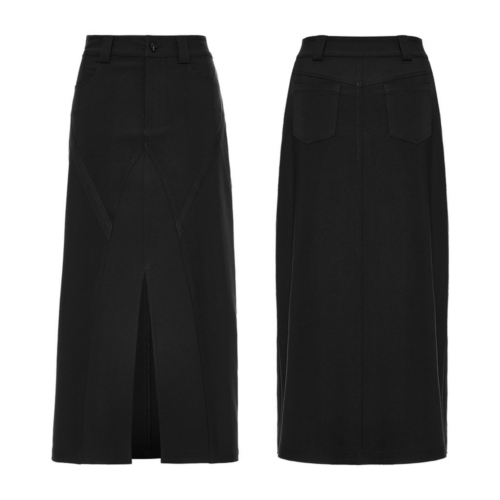 Punk Rave black V-cut front slit A-line midi skirt showcasing edgy design and stylish details.