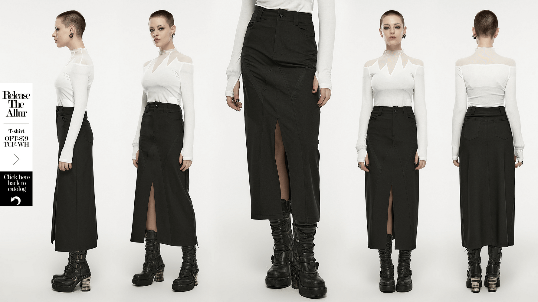 Punk Rave black midi skirt featuring V-cut front slit and edgy styling, perfect for a dark romance aesthetic.