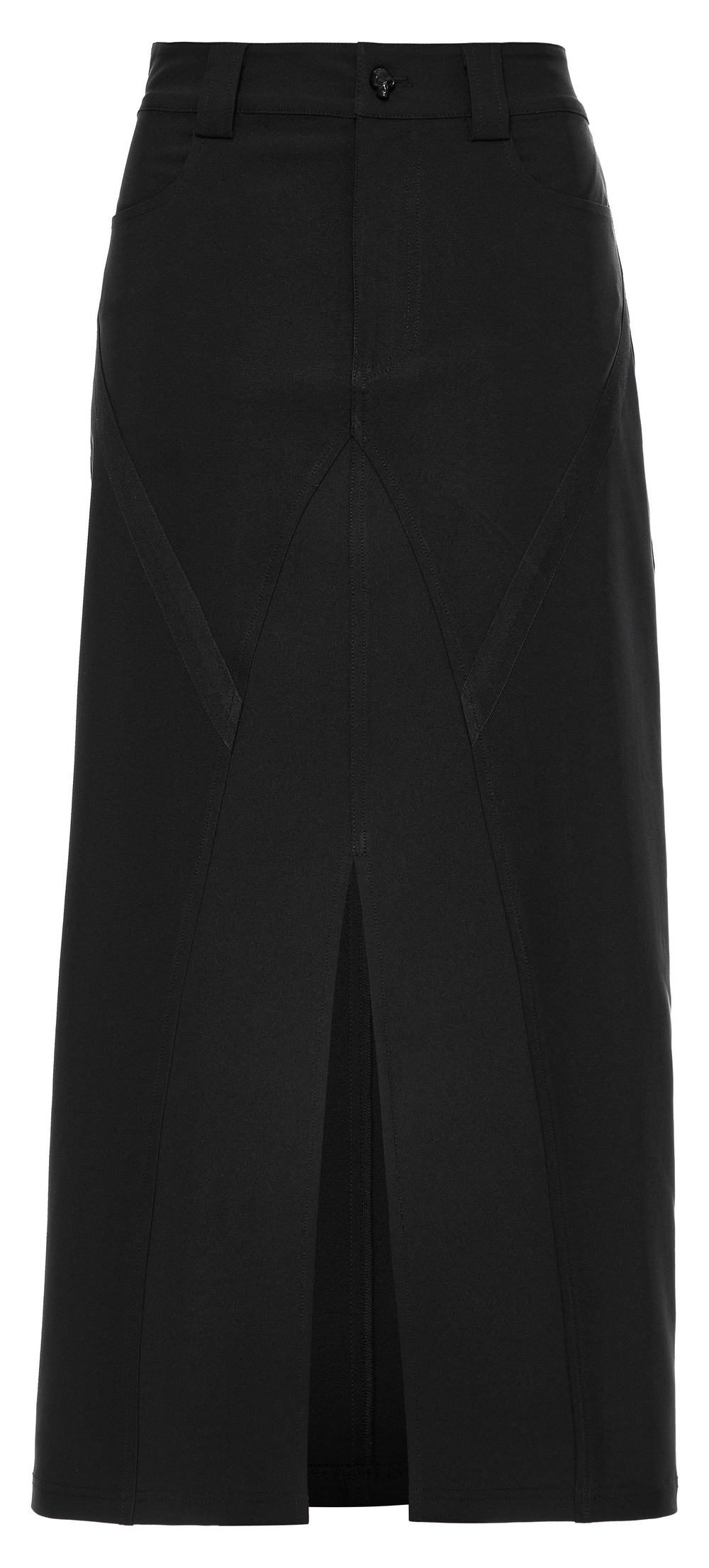 Punk Rave black V-cut front slit A-line midi skirt for edgy style and comfy all-night wear.