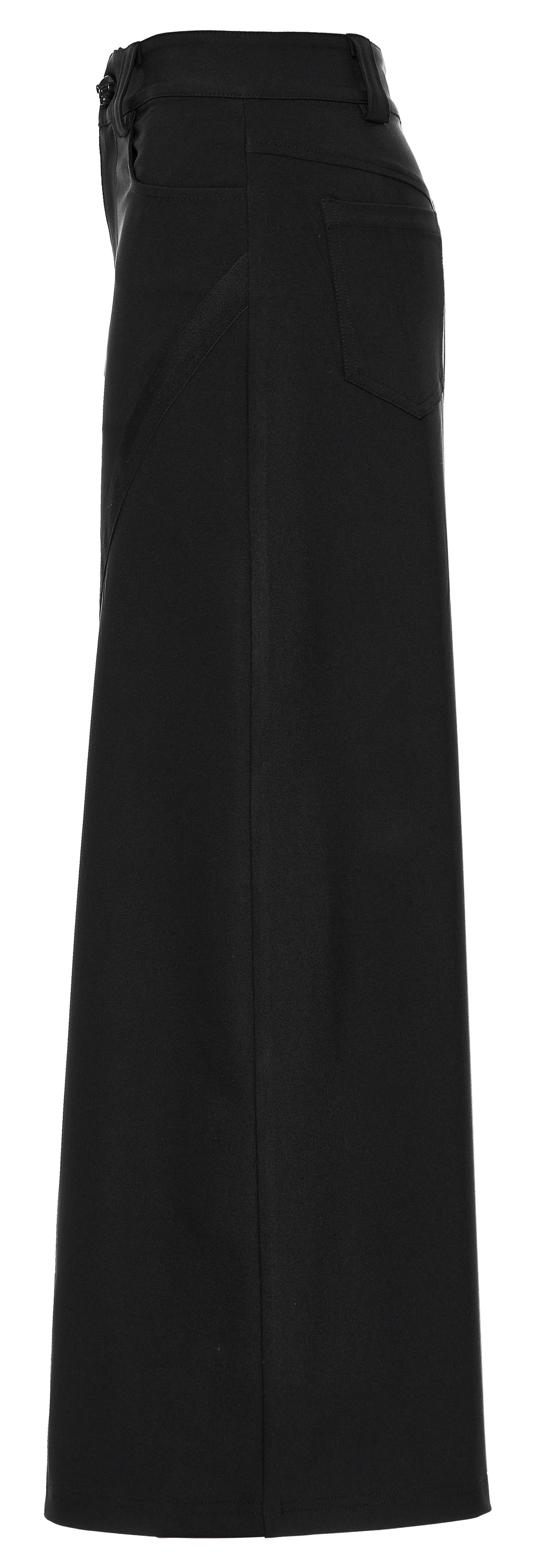 Side view of Punk Rave black midi skirt featuring a V-cut front slit and A-line design, perfect for a dark romantic style.