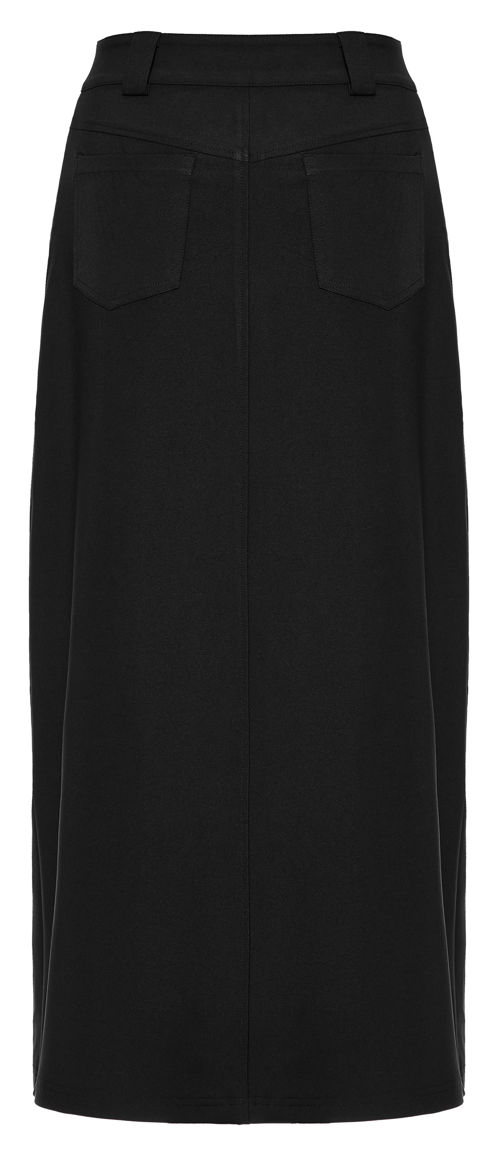 Punk Rave black A-line midi skirt with a V-cut front slit and sleek design, perfect for a dark, edgy look.
