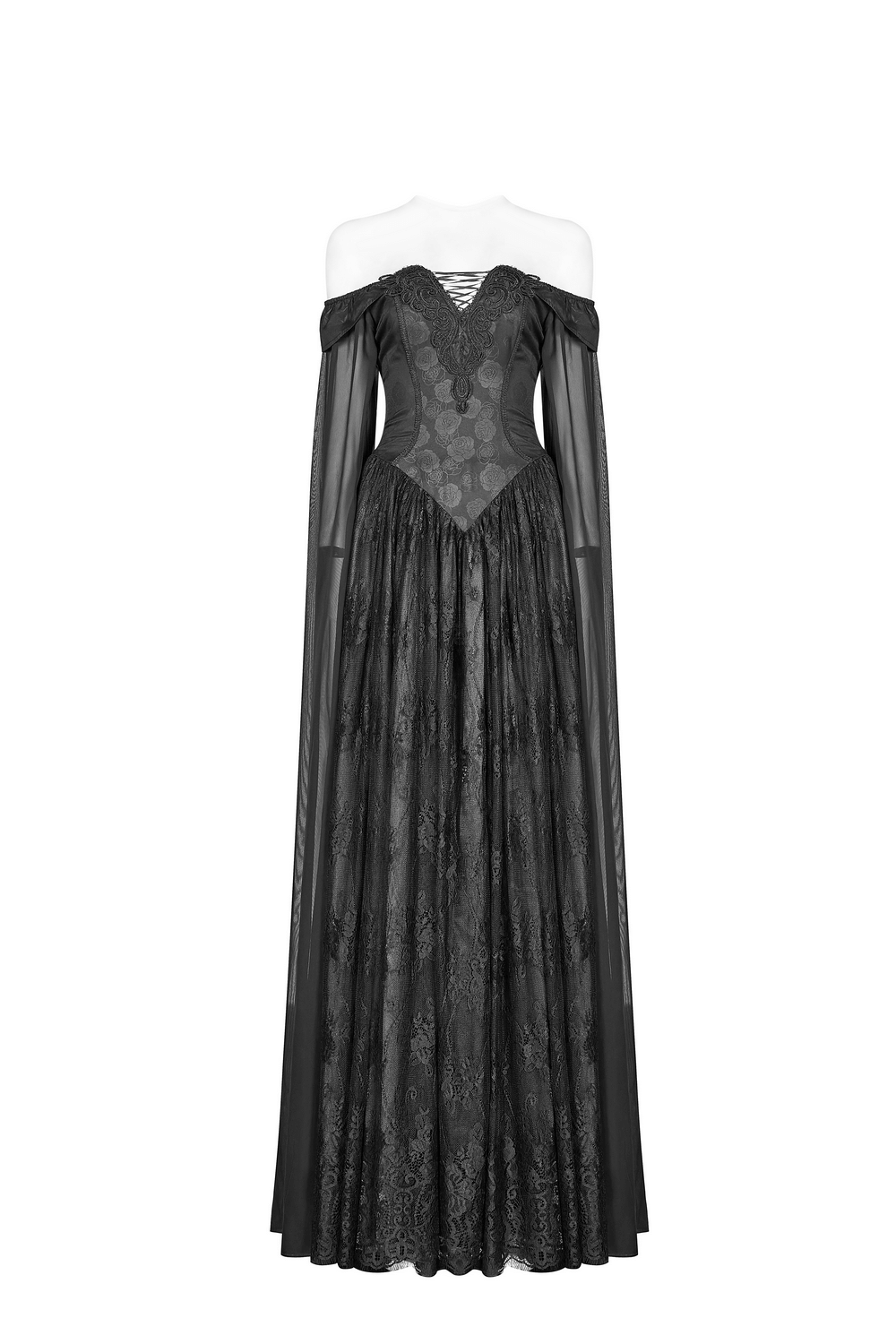 Punk Rave Celestia Gothic Victorian Lace Long Dress with black jacquard bodice and flowing chiffon sleeves.