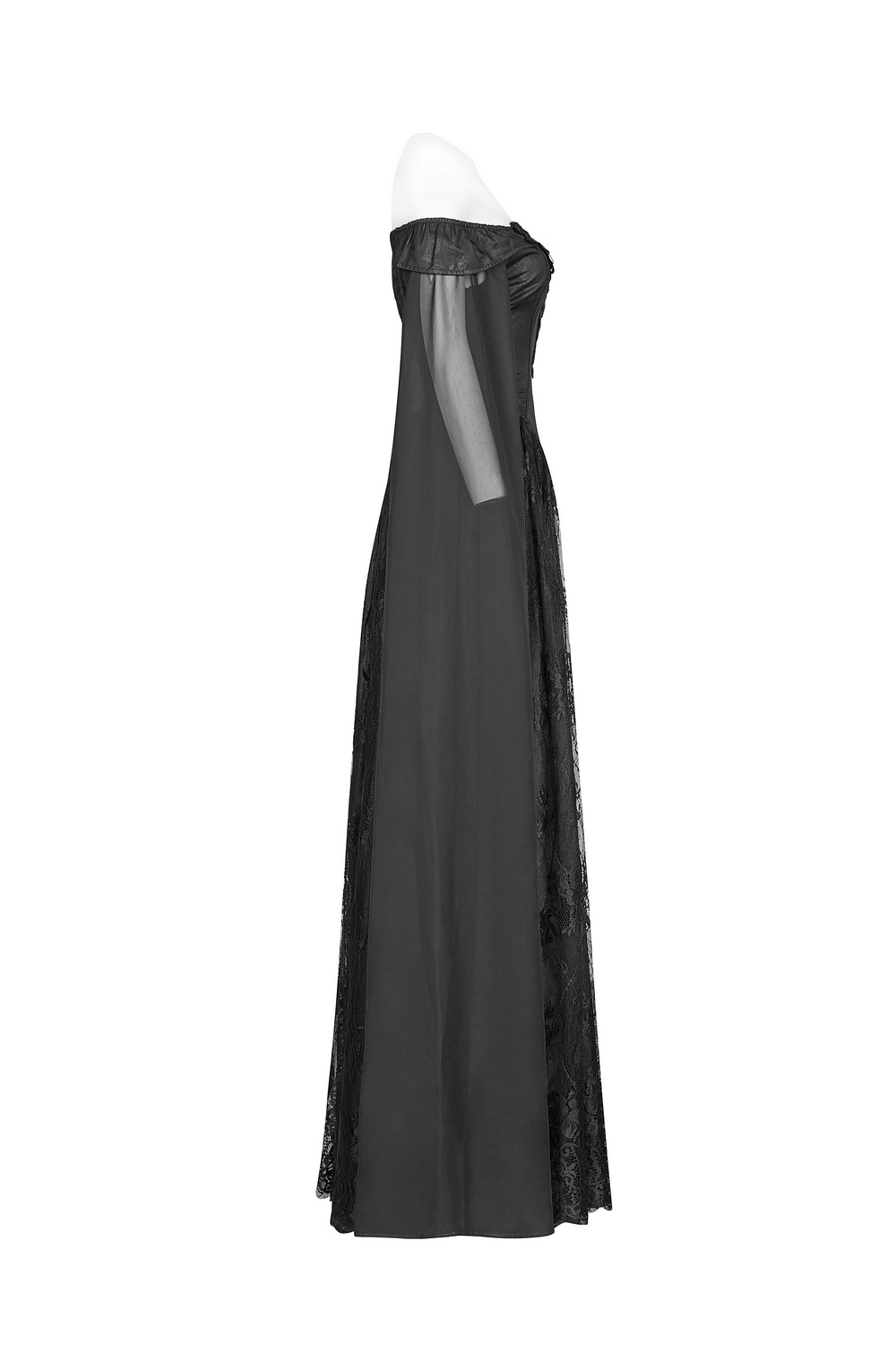 Side view of the Punk Rave Celestia Gothic Victorian Lace Long Dress in black, showcasing lace and chiffon details.
