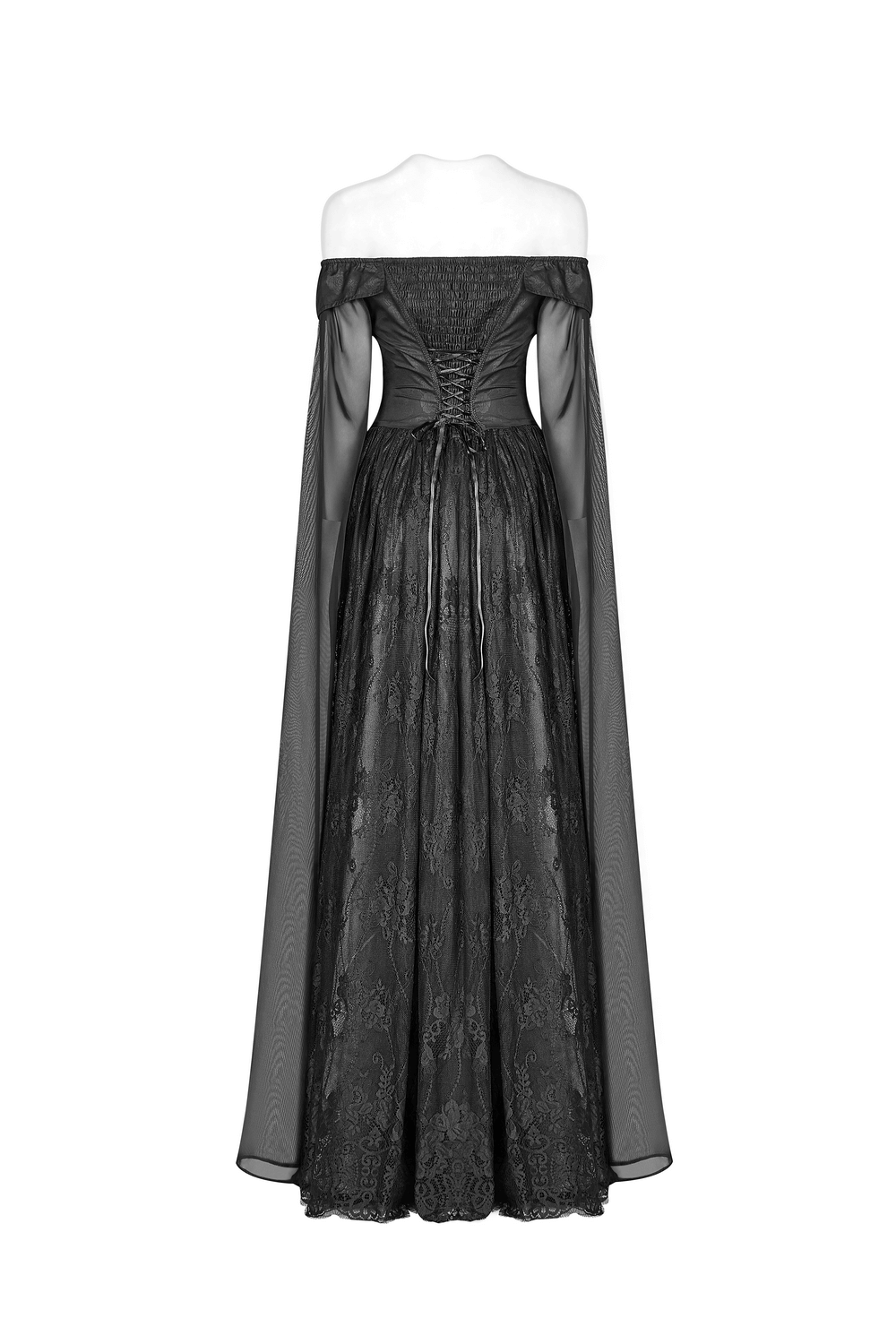 Back view of Punk Rave Celestia Gothic Victorian Lace Long Dress featuring lace details and flowy chiffon sleeves.