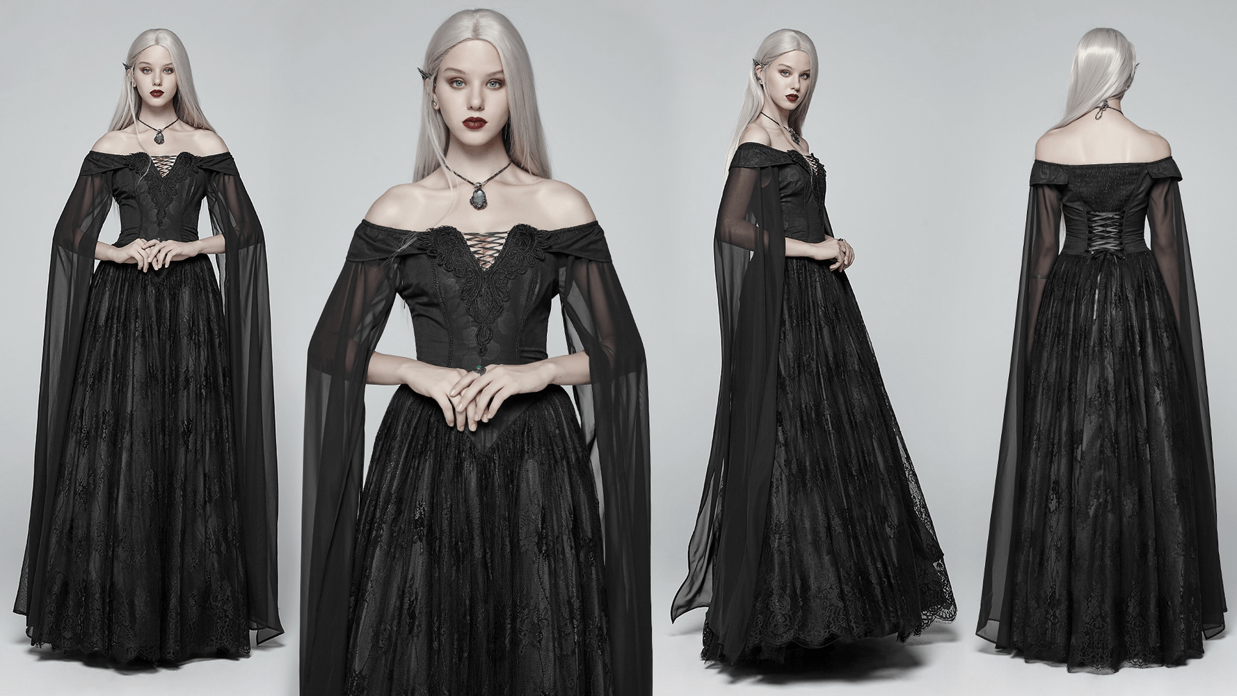 Punk Rave Celestia Gothic Victorian lace long dress showcasing a dark queen style with flowy chiffon sleeves and intricate overlays.