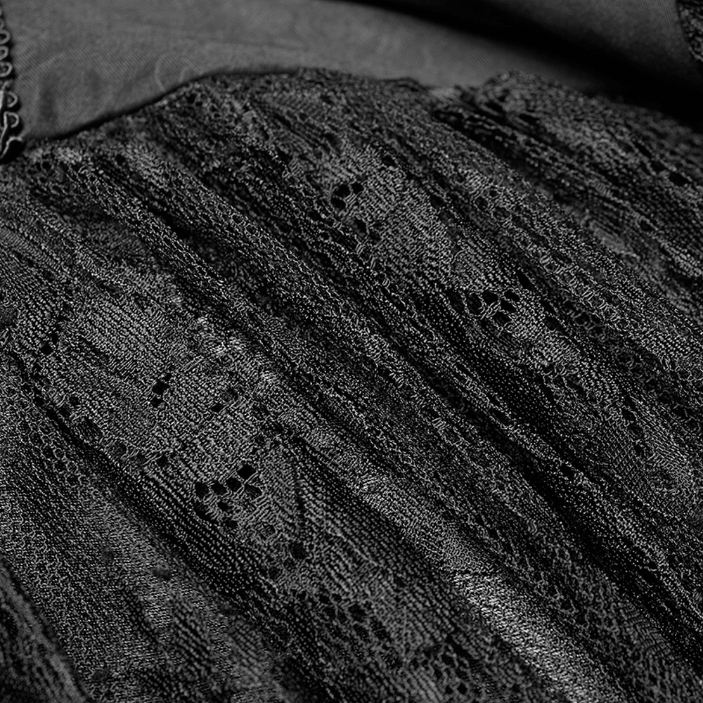 Close-up of intricate black lace overlay on Punk Rave Celestia Gothic Victorian Dress, showcasing dark romantic details.