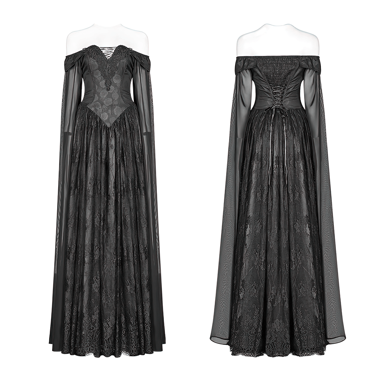 Gothic Victorian lace long dress featuring intricate designs and elegant chiffon sleeves, perfect for dark romantic vibes.