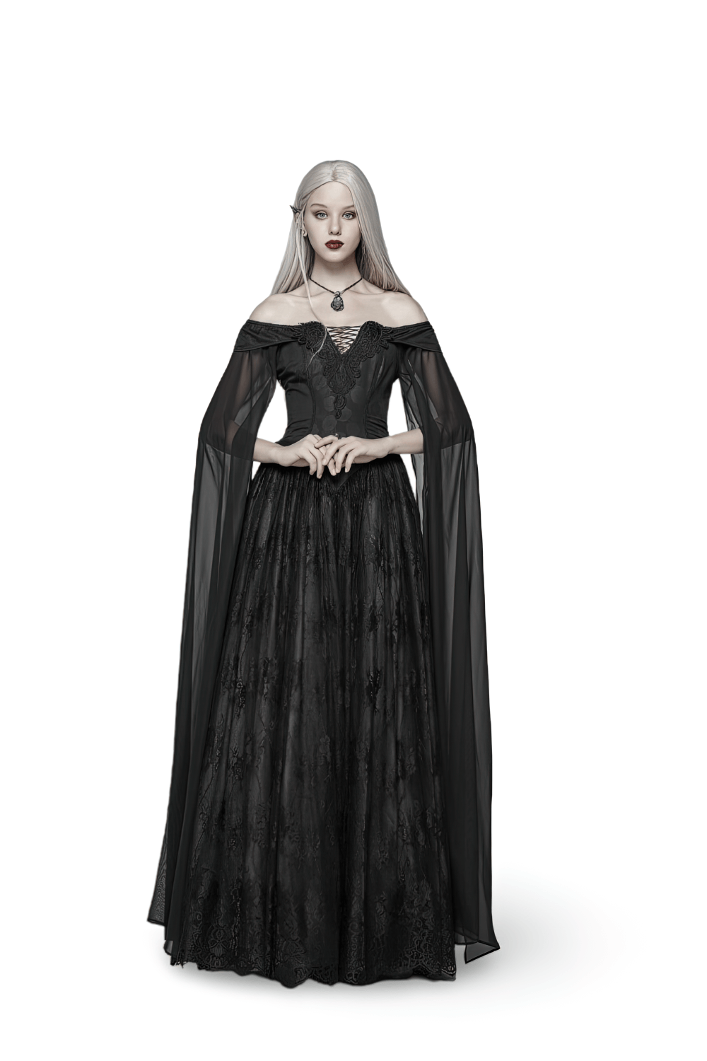 Punk Rave Celestia Gothic Victorian Lace Long Dress, featuring lace overlays and elegant chiffon sleeves.