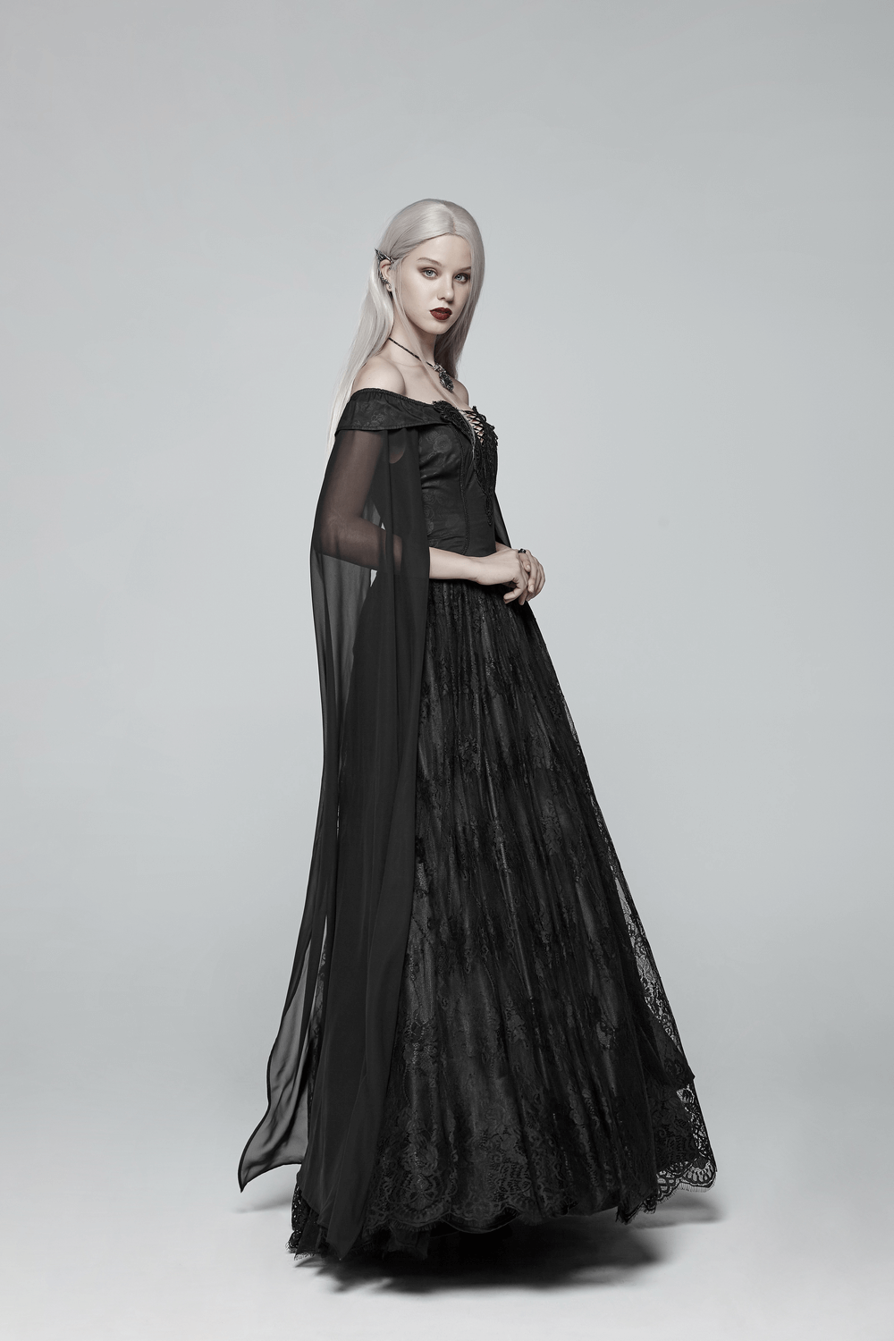 Model wearing Punk Rave Celestia Gothic Victorian Lace Long Dress with flowy chiffon sleeves and dark romance style.
