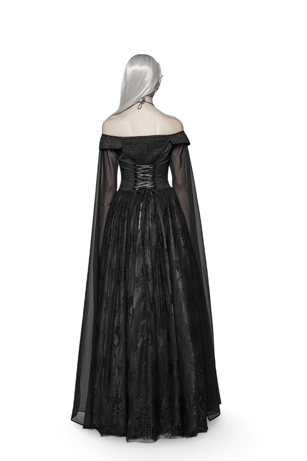 Punk Rave Celestia Gothic Victorian lace long dress showcasing elegant back with chiffon sleeves and a fitted bodice.
