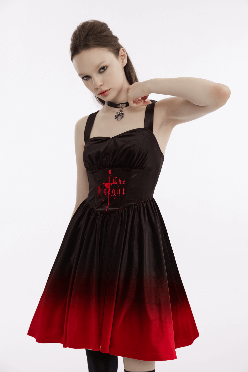 Punk Rave Dark Gothic Embroidered Velvet Dress