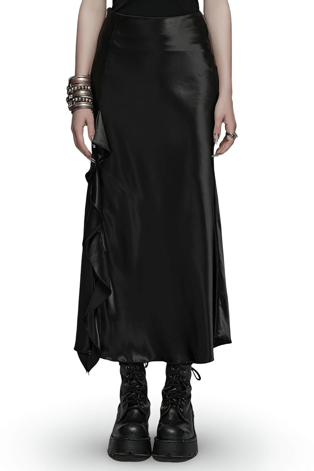 Punk Rave Gothic Black A-Line Skirt with Asymmetric Ruffles and Side Split for a Dark Romantic Style.