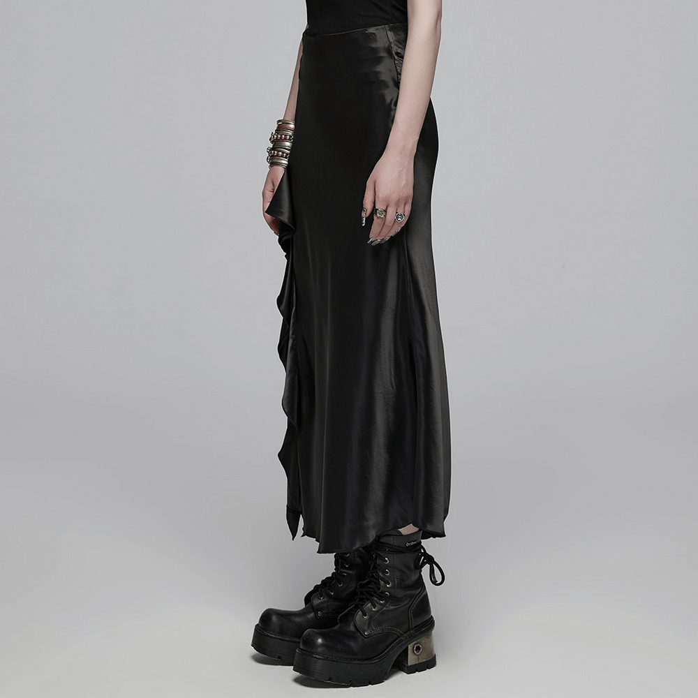 Gothic black A-line skirt with asymmetric ruffles, showcasing a dark romantic style and feminine flair.