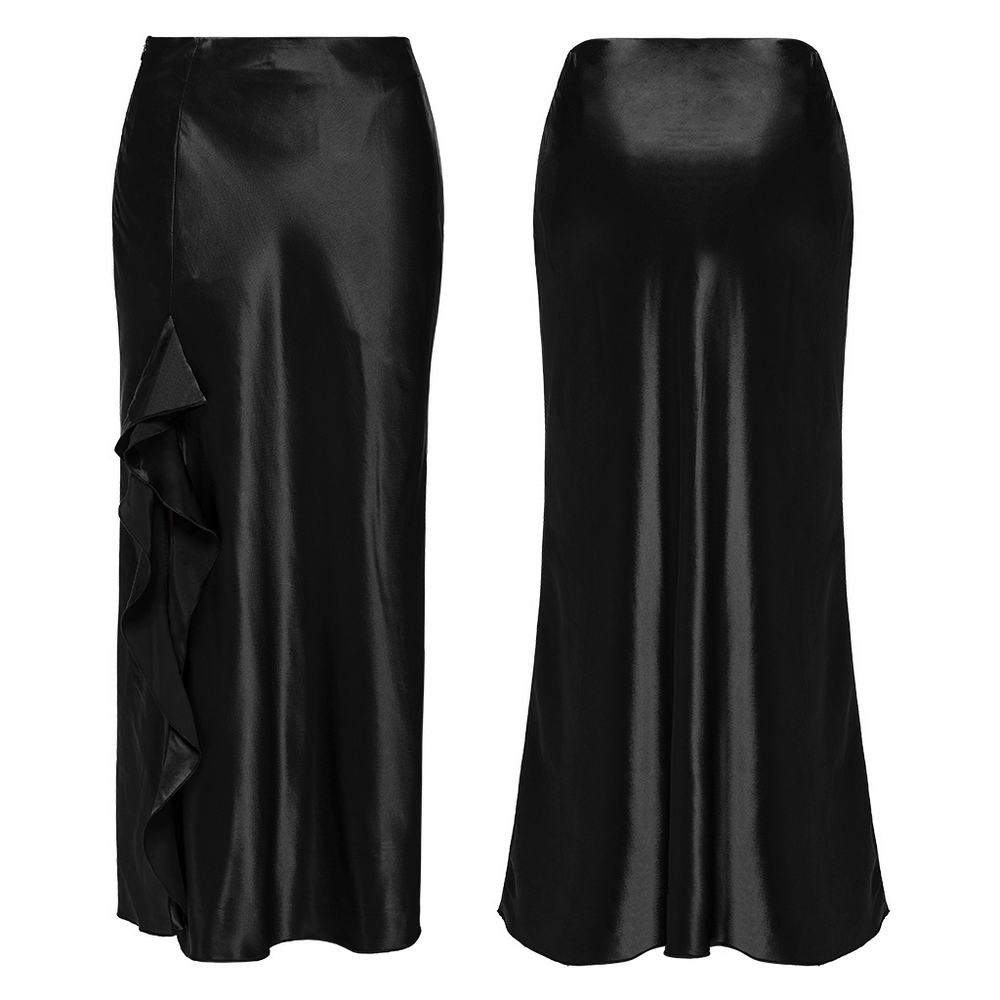 Punk Rave Gothic Black A-Line Draped Skirt with asymmetrical ruffles and side split for a dark romantic look.