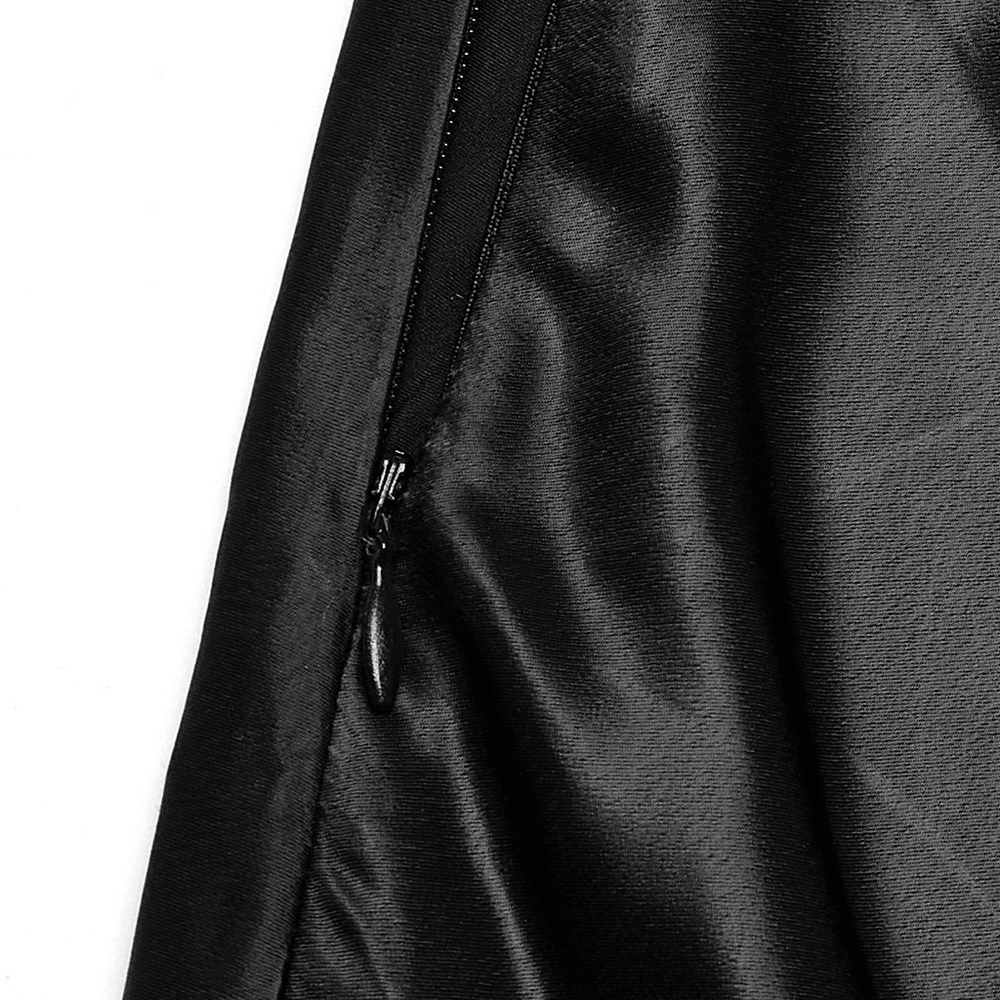 Close-up of the invisible side zipper on a Gothic black A-line draped skirt with soft fabric texture.