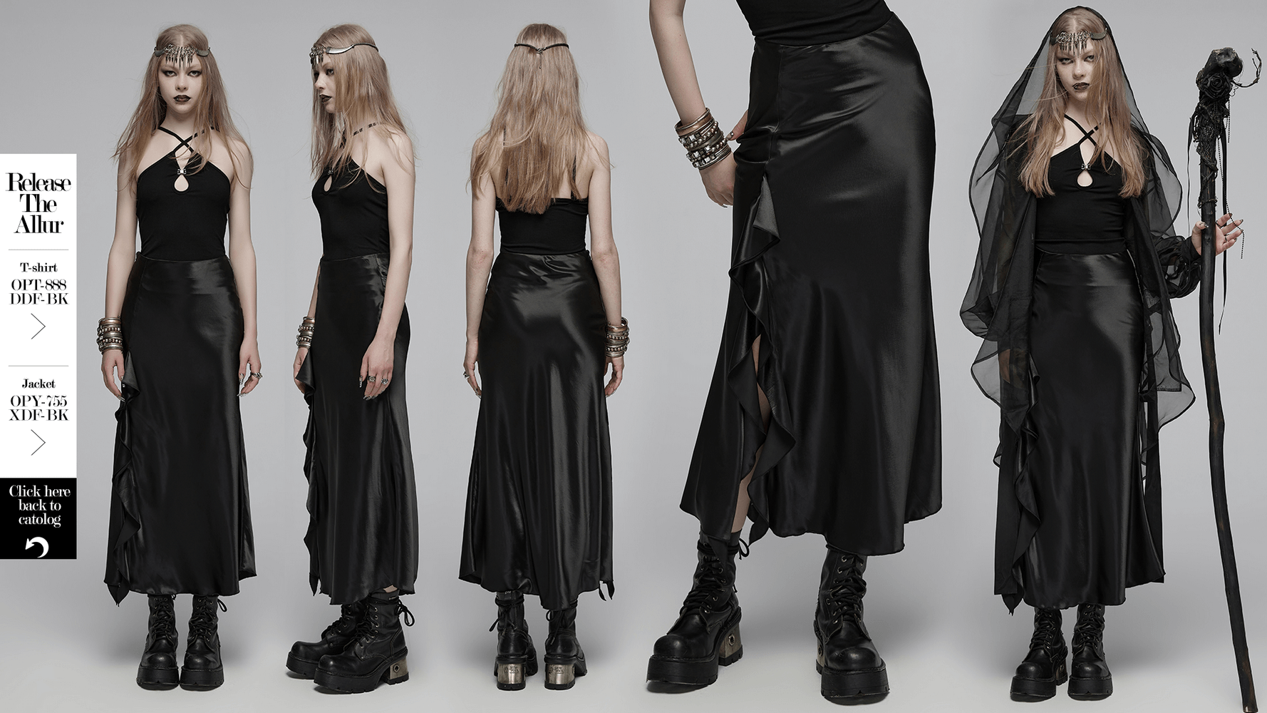 Gothic black A-line draped skirt with asymmetric ruffles, styled with a fitted top and edgy boots for a dark romance look.
