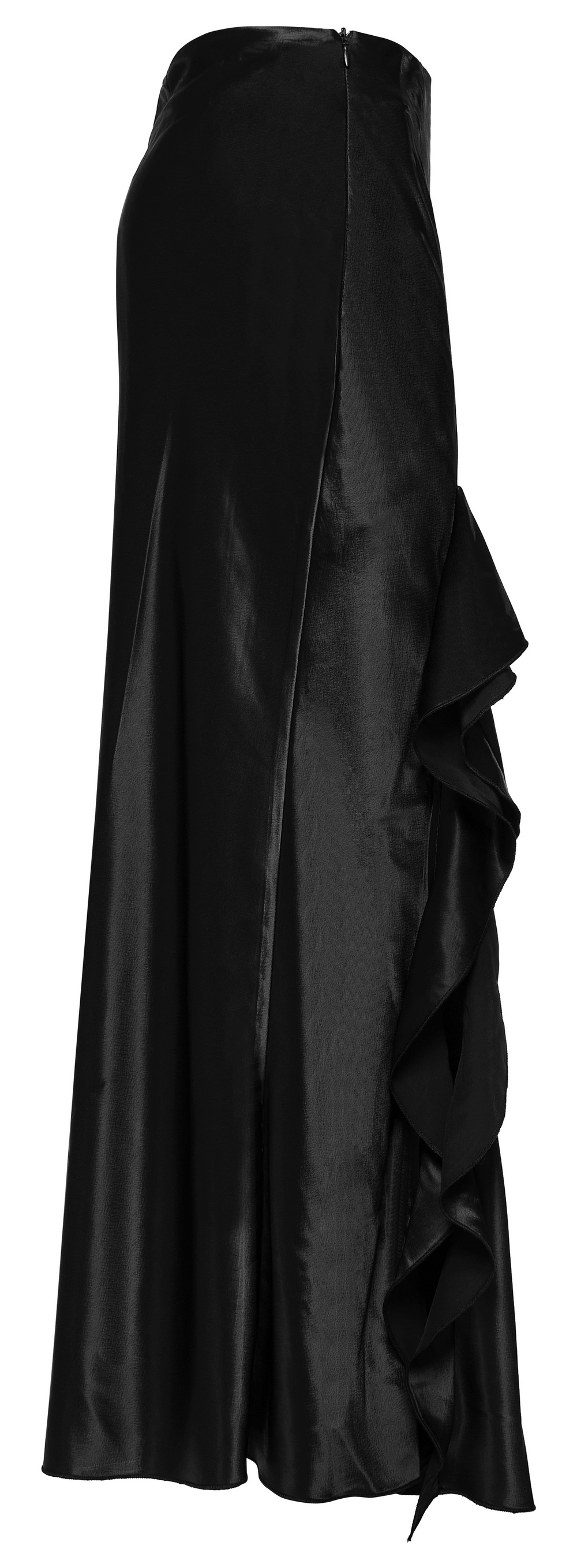 Punk Rave Gothic black A-line skirt with asymmetrical ruffles and side split, perfect for dark romance fashion.