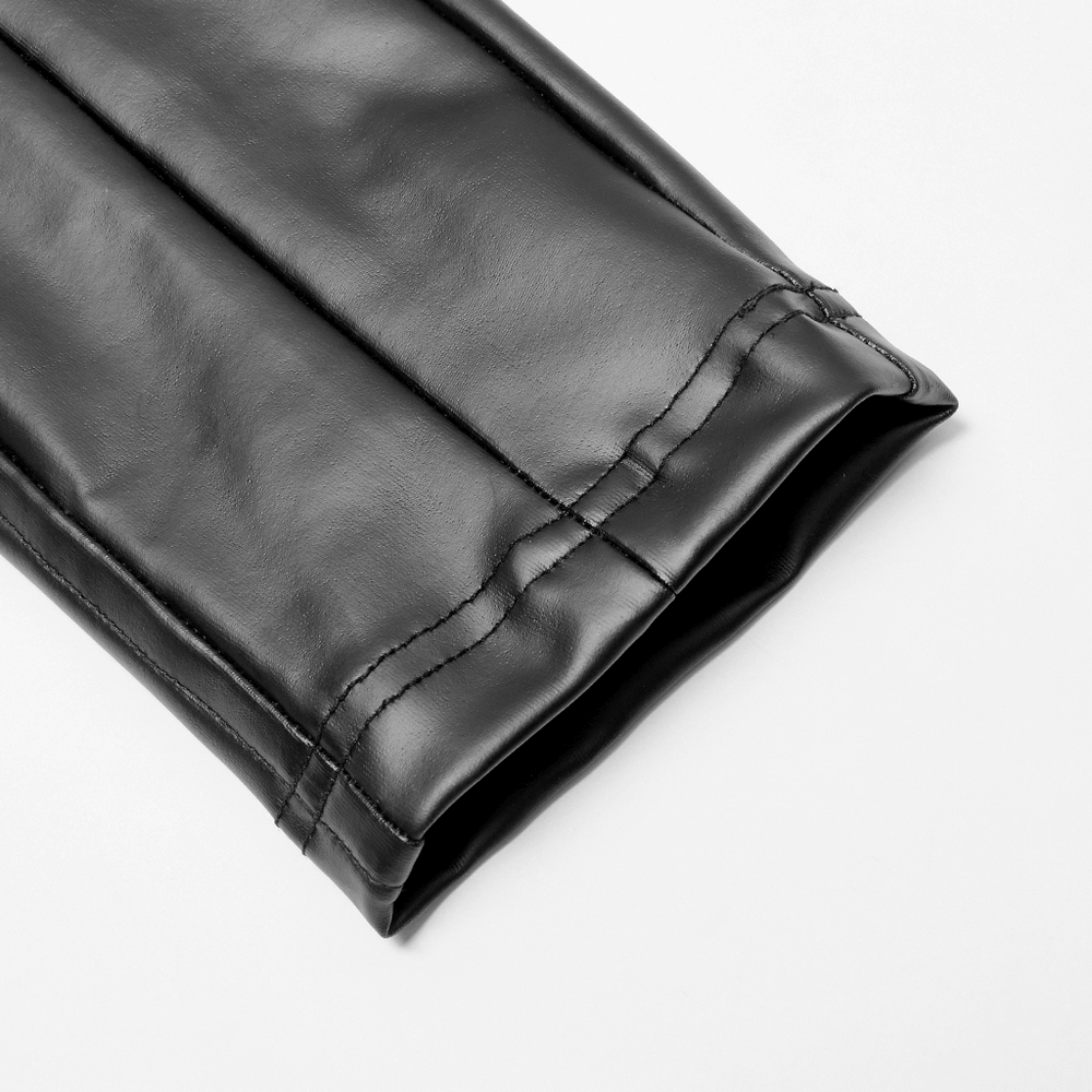 Close-up of the hem of Punk Rave black faux leather pants showcasing sleek texture and stitching details.