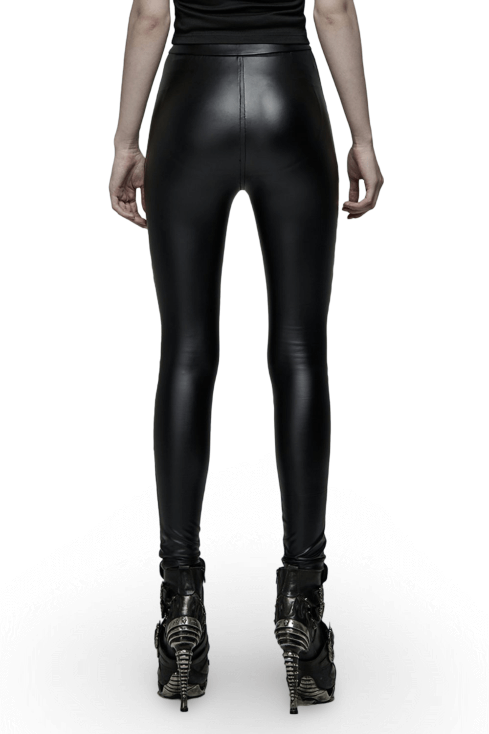 Back view of Punk Rave Gothic black lace-up faux leather pants, showcasing a slim fit and stylish high waist.