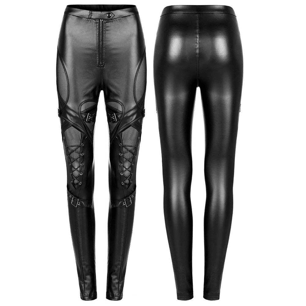 Edgy black gothic faux leather pants with high waist and decorative lace-up detail for a punk aesthetic.
