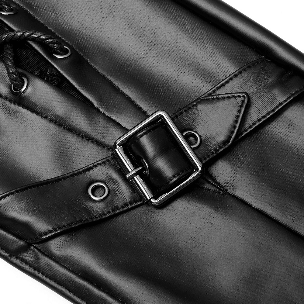 Close-up of Punk Rave black faux leather pants featuring lacing and a decorative buckle accent.