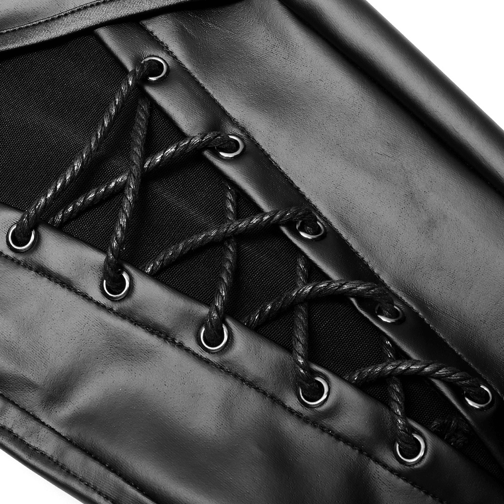 Close-up of black lace-up detail on Punk Rave gothic faux leather pants with mesh splicing.
